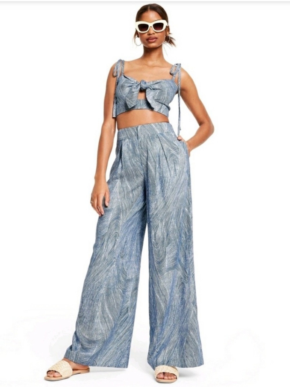 Fe Noel x Target Fine Line Print Wide Leg Pants Blue White Linen Blend Size S
